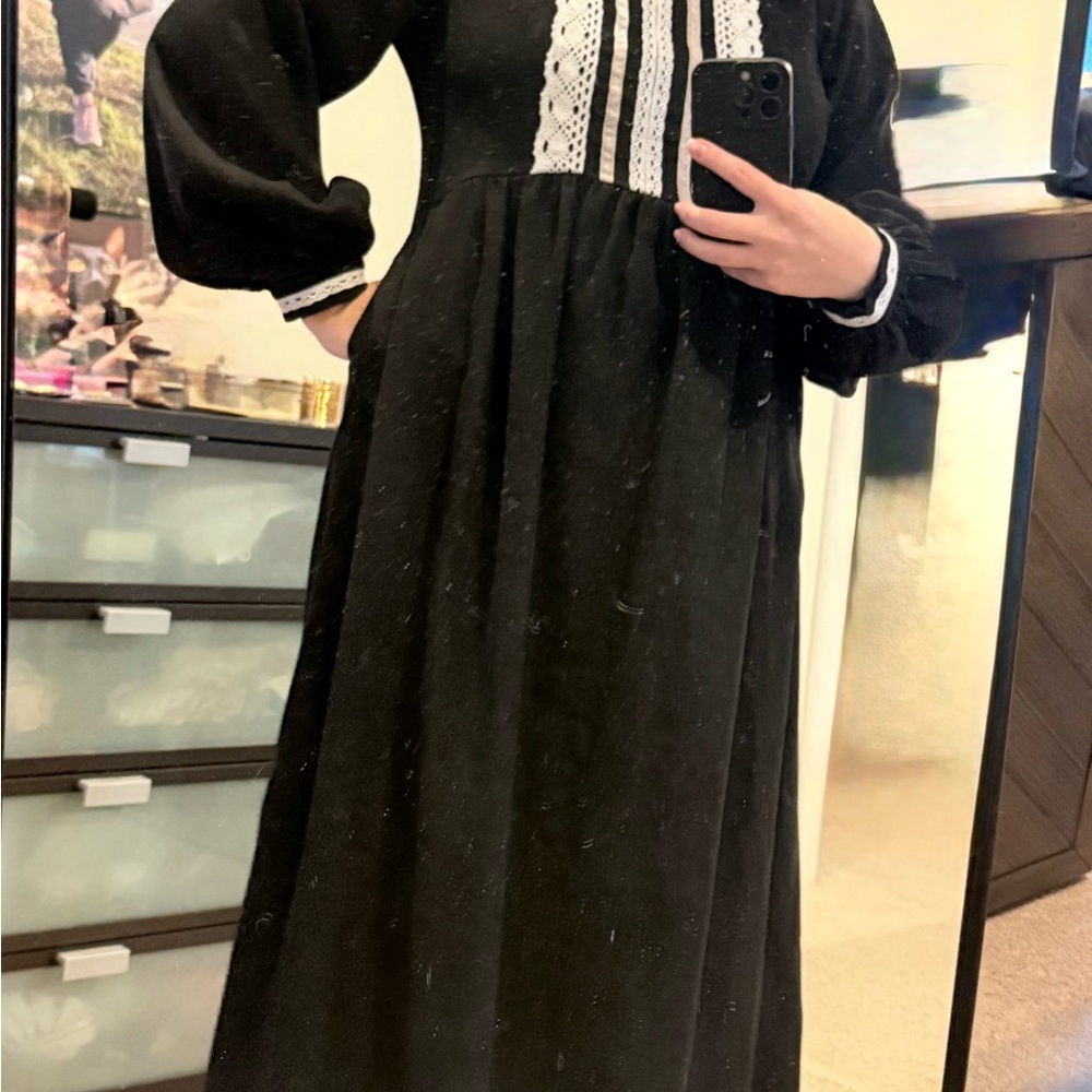Black Long Sleeve Midi Dress with White Lace Trim